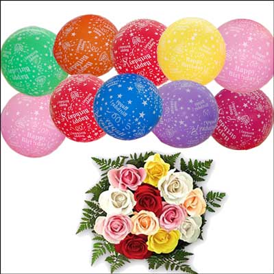 "12 Mixed Roses Flower Bunch , Unblown 10 Balloons - Click here to View more details about this Product